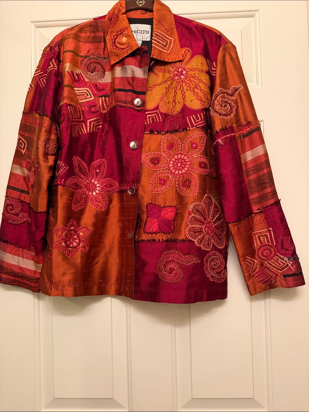 Chico's Patchwork Floral Satin Blazer in Burgundy and Orange